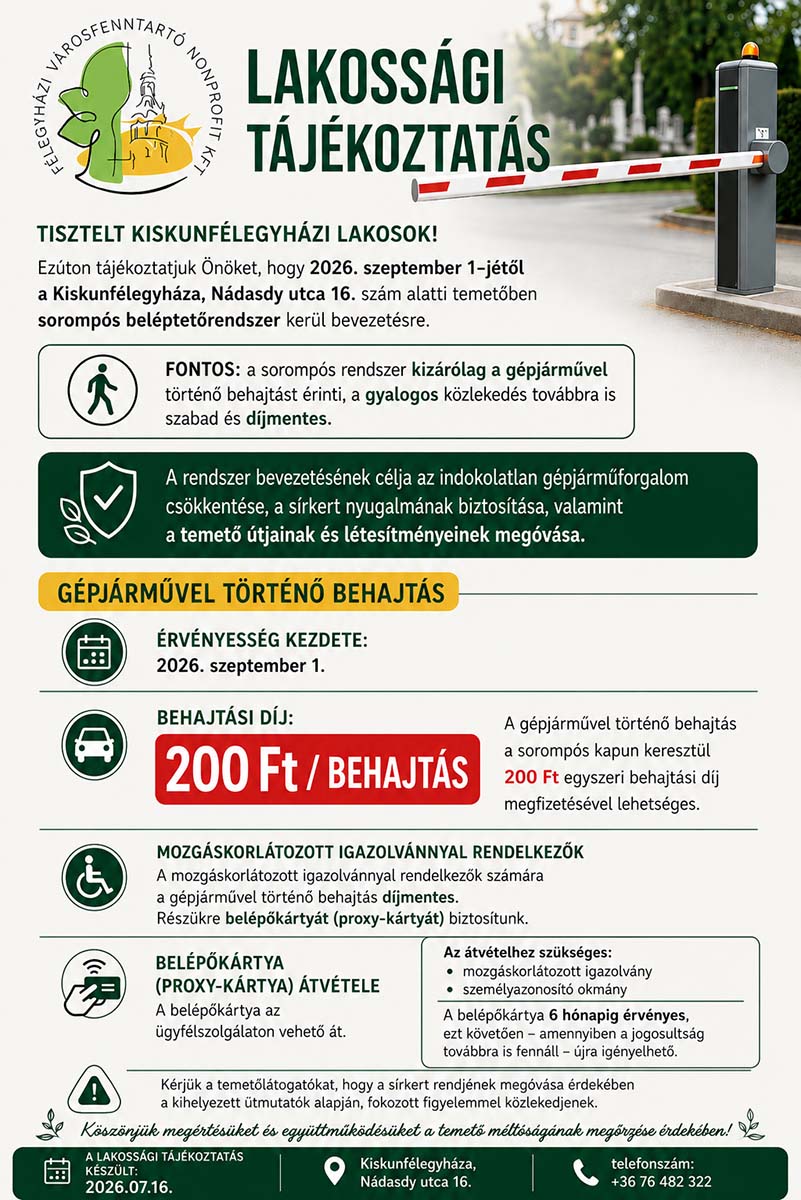 Lakossági tájékoztatás sorompós beléptetőrendszerről
